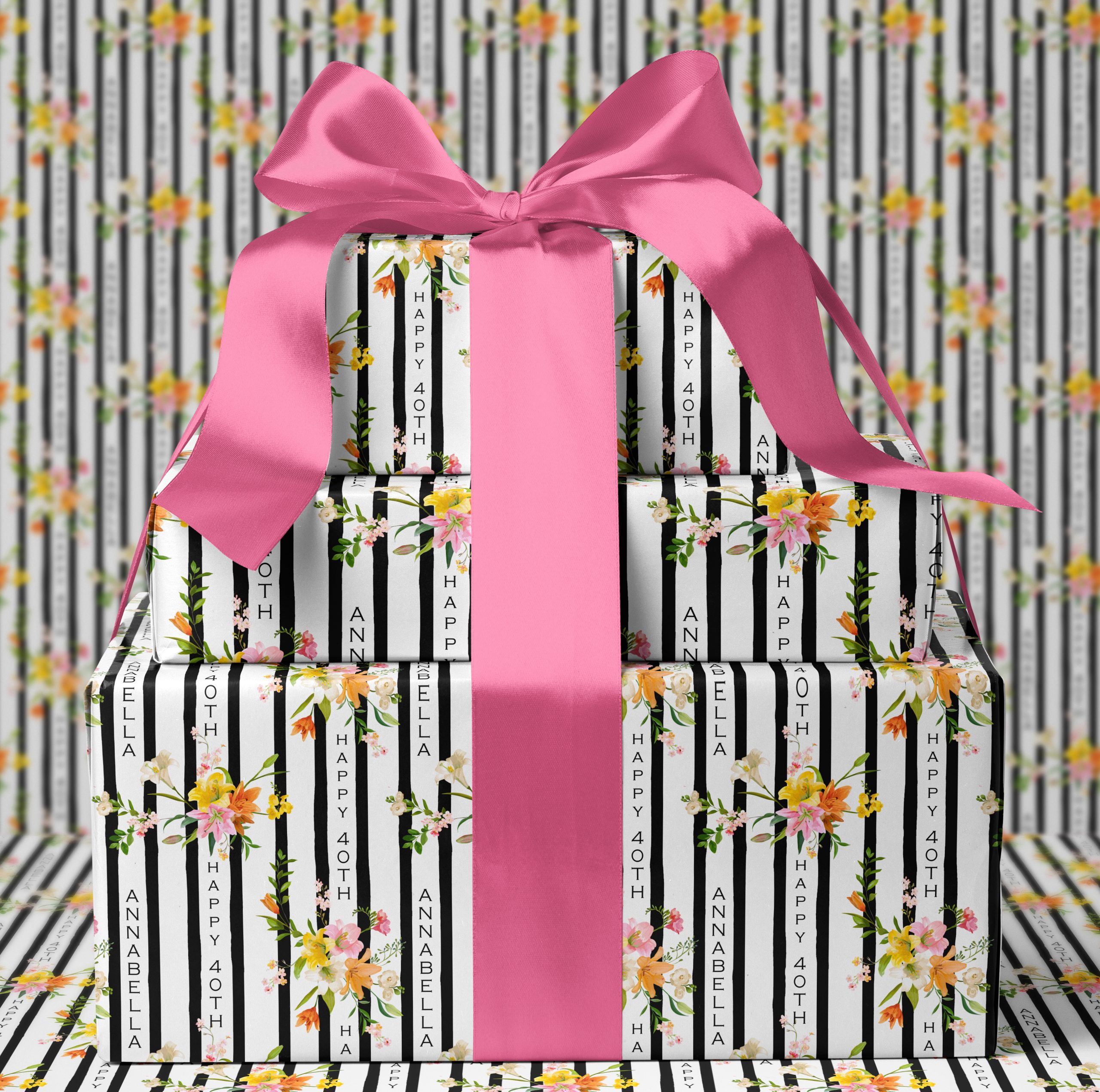 Personalised Christmas Wrapping Paper Floral Stripe