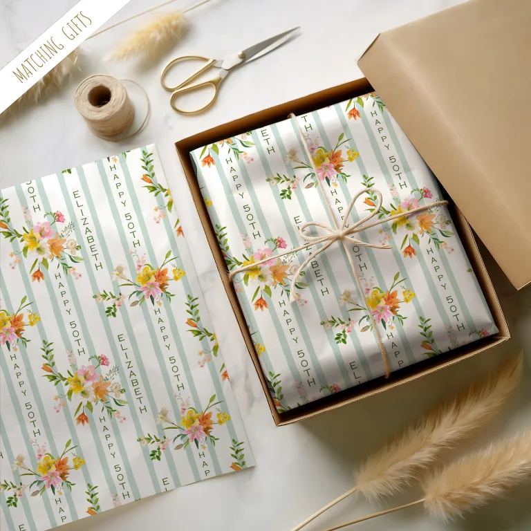 Personalised Sage Floral Birthday Name Wrapping Paper