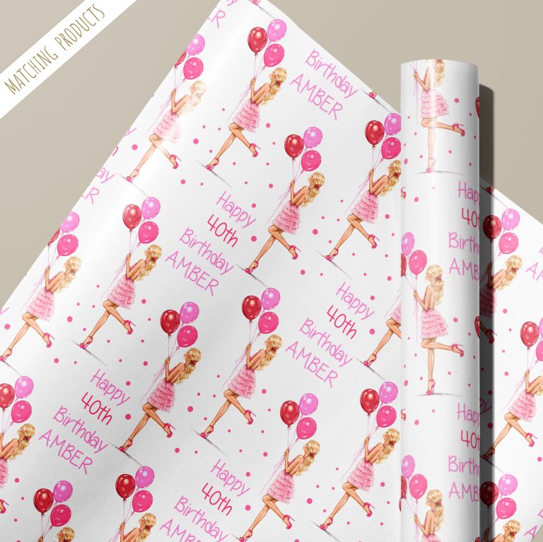 Personalised Birthday Name Wrapping Paper ‘Lady in Pink’