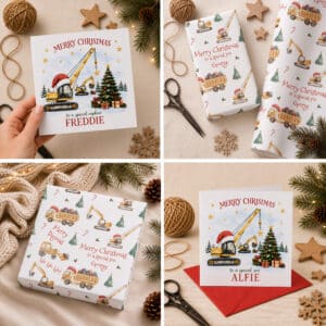 Personalised construction Christmas gift wrap with wrapped present and festive digger design and matching christmas card