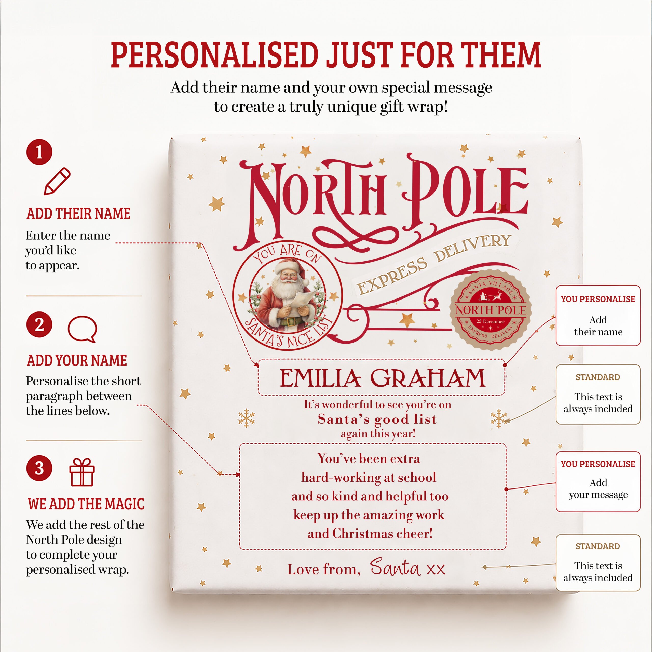 How to personalise Christmas newspaper wrapping paper with a child’s name and custom message
