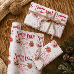 Personalised Christmas wrapping paper showing child’s name and custom message from Santa