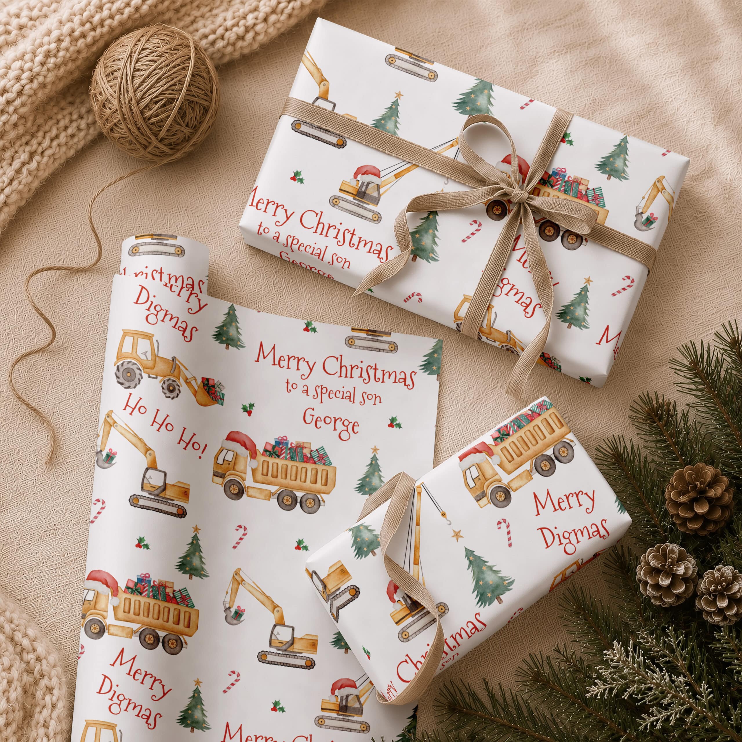 Boys personalised digger Christmas gift wrap with construction vehicles and name
