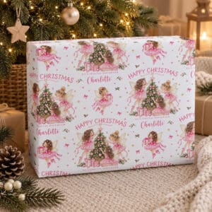 Personalised name Christmas wrapping paper with pink fairies and Christmas tree