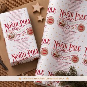Personalised North Pole Santa Christmas wrapping paper with child’s name and message