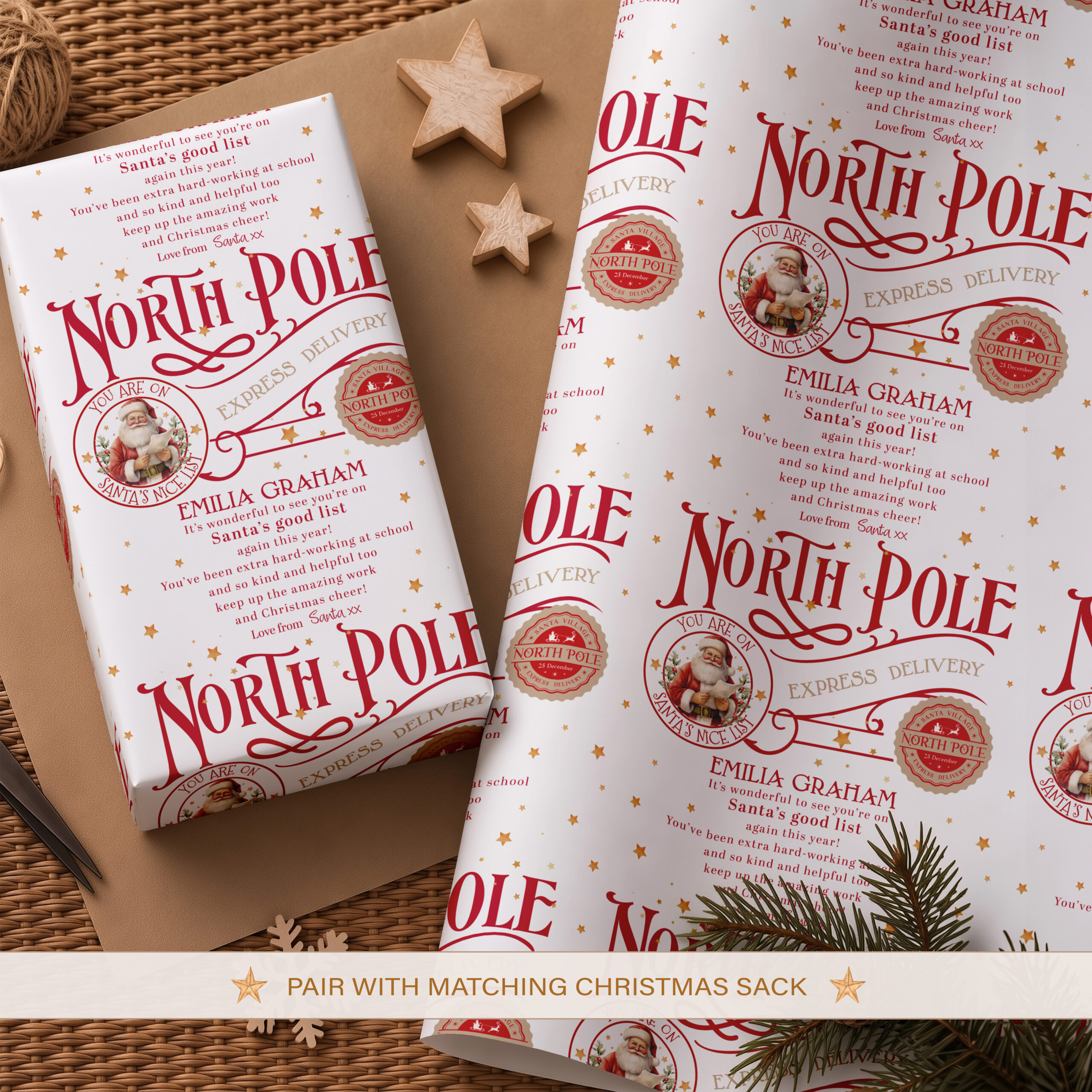 Personalised North Pole Santa Christmas wrapping paper with child’s name and message