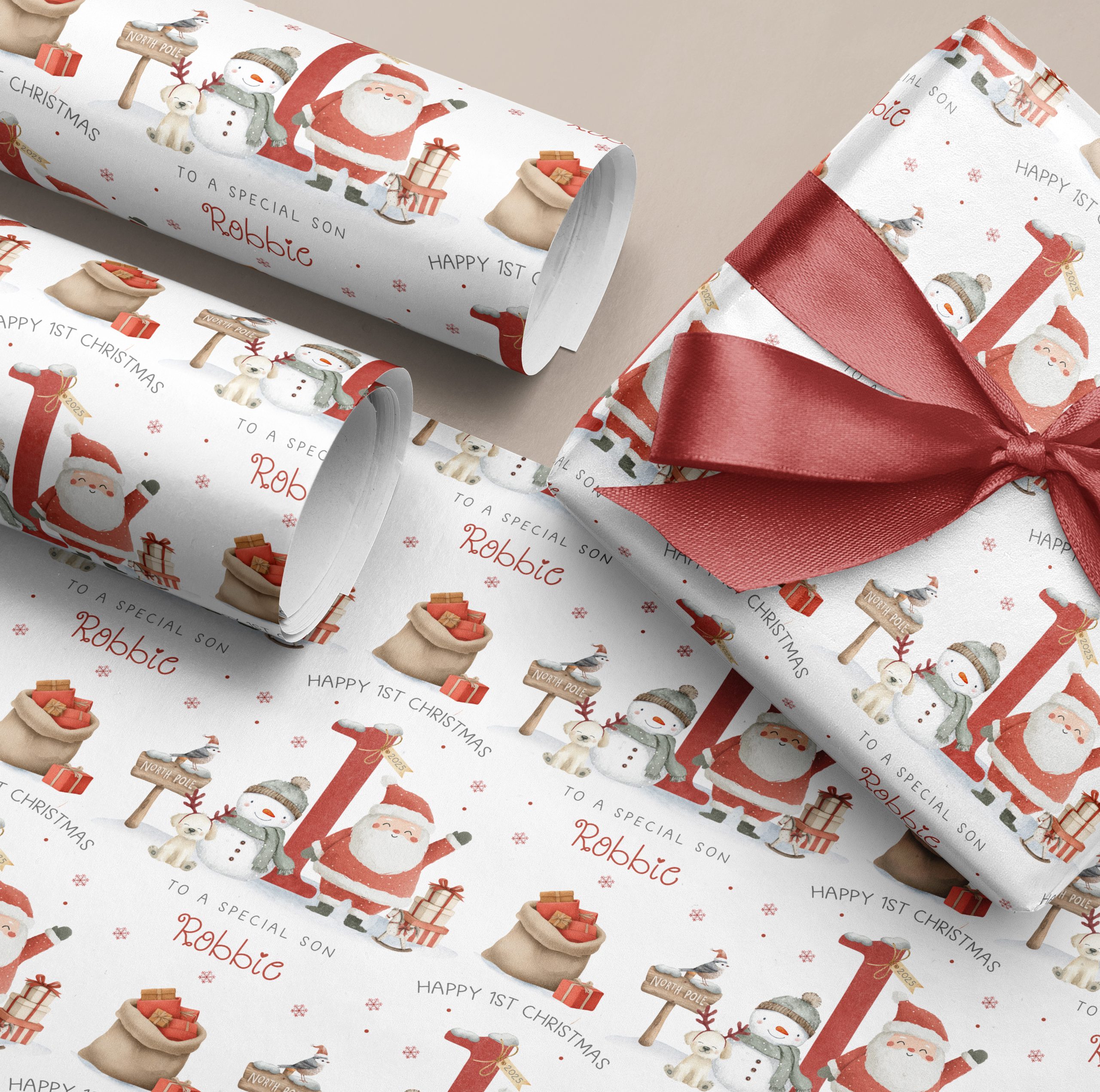 Personalised Baby's 1st Christmas Wrapping Paper, with santa and a snow man in front of a large red number one.
