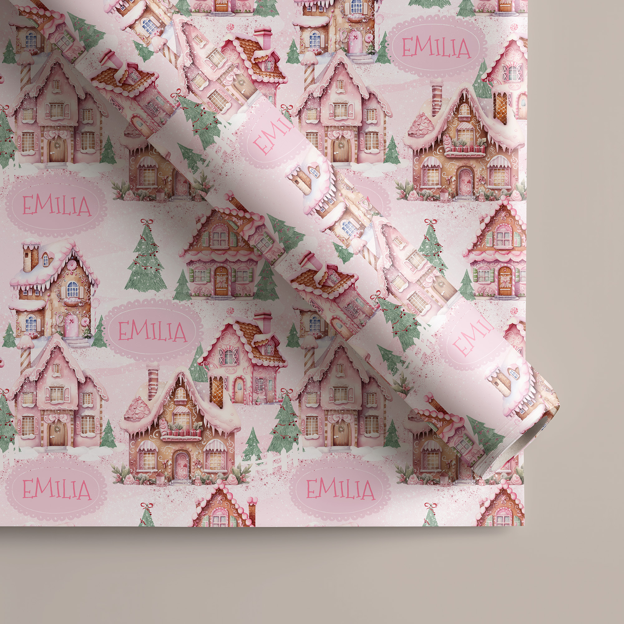 Preppy Pink Gingerbread House Christmas Gift Wrap