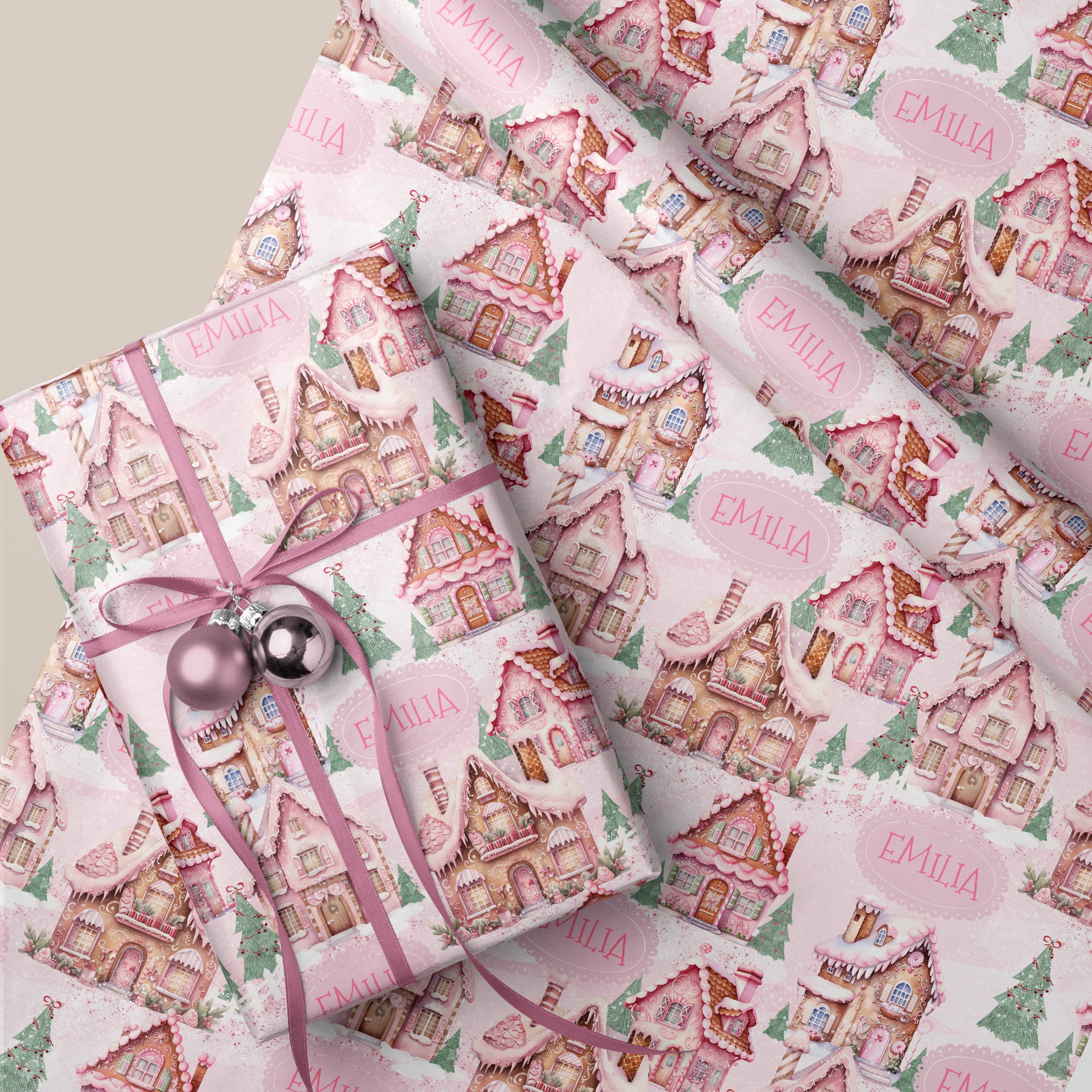 Preppy Pink Gingerbread House Christmas Gift Wrap