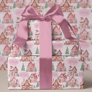 Preppy Pink Gingerbread House Christmas Gift Wrap