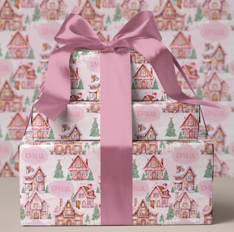 Pink Gingerbread House Christmas Wrapping Paper