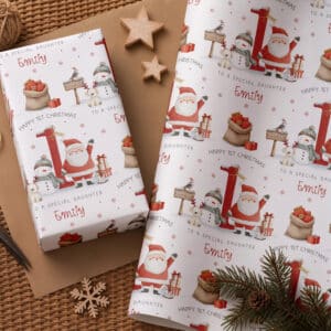 Personalised first Christmas gift wrap for daughter with Santa, snowman, presents and name