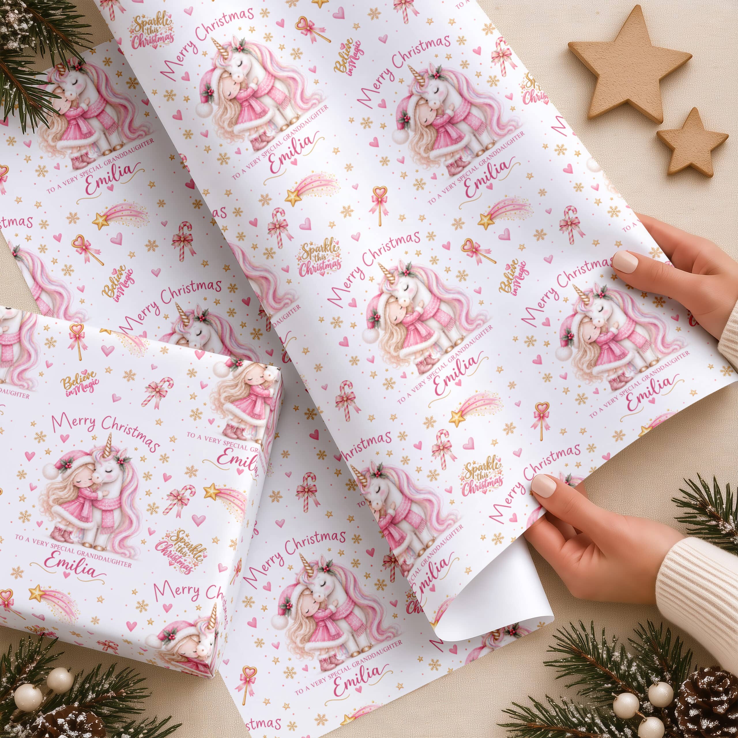 Personalised Girls Christmas Wrapping Paper with Unicorn