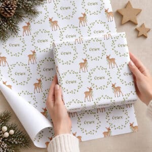 Personalised baby's first Christmas wrapping paper with deer and name