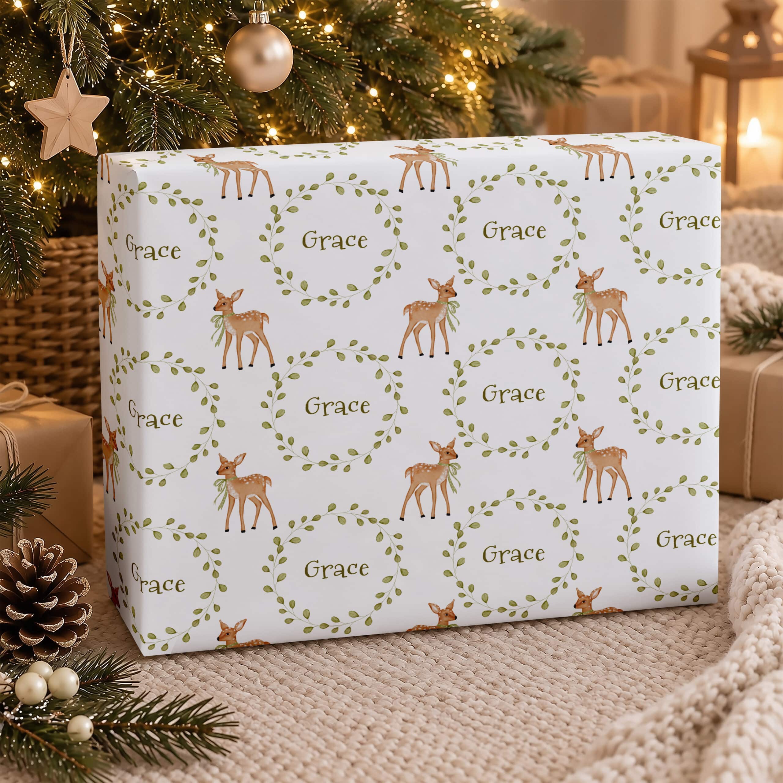 Personalised children's Christmas wrapping paper with watercolour deer and name