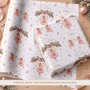 Personalised fairy 1st Christmas wrapping paper with pink Christmas fairy design and child's name