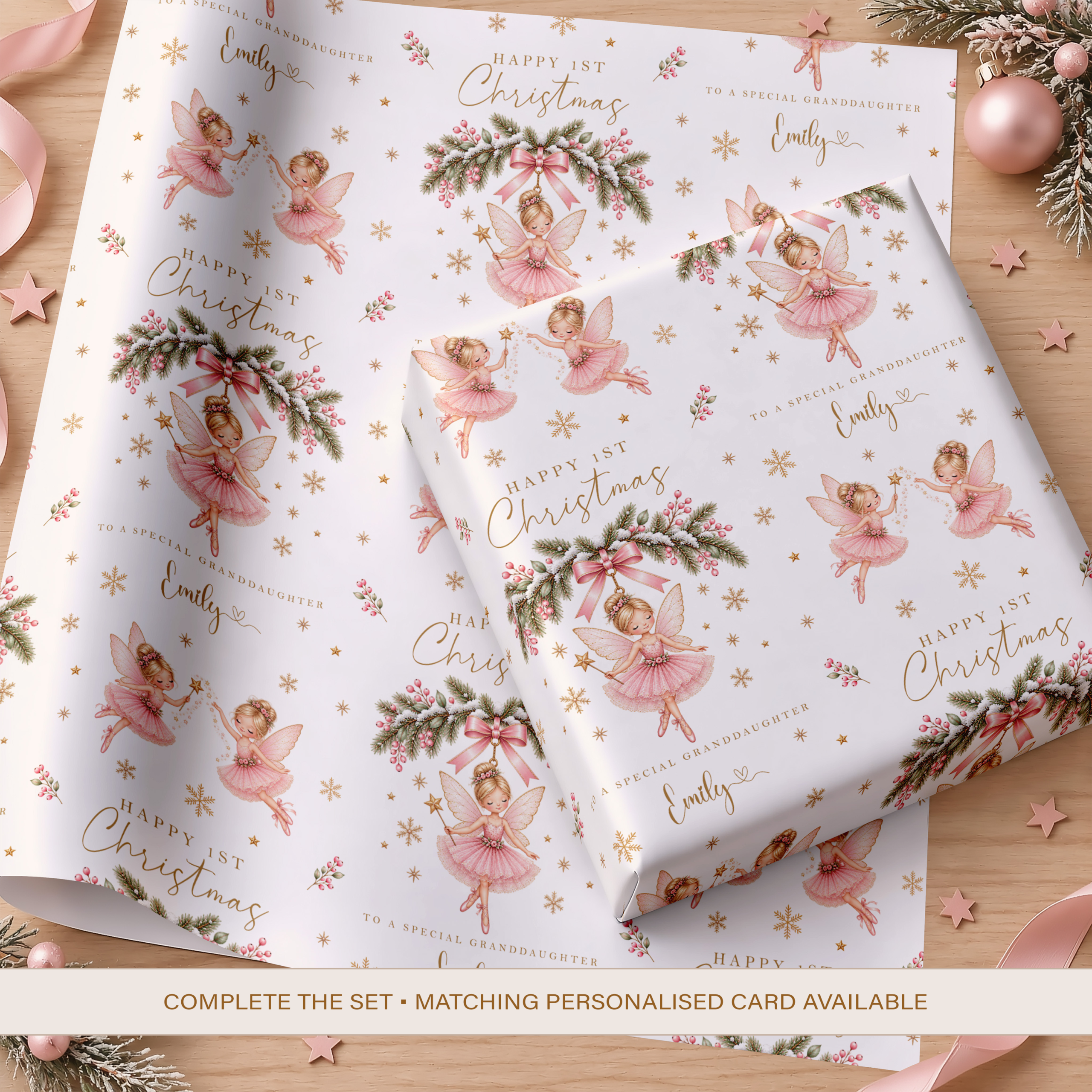 Personalised fairy 1st Christmas wrapping paper with pink Christmas fairy design and child's name