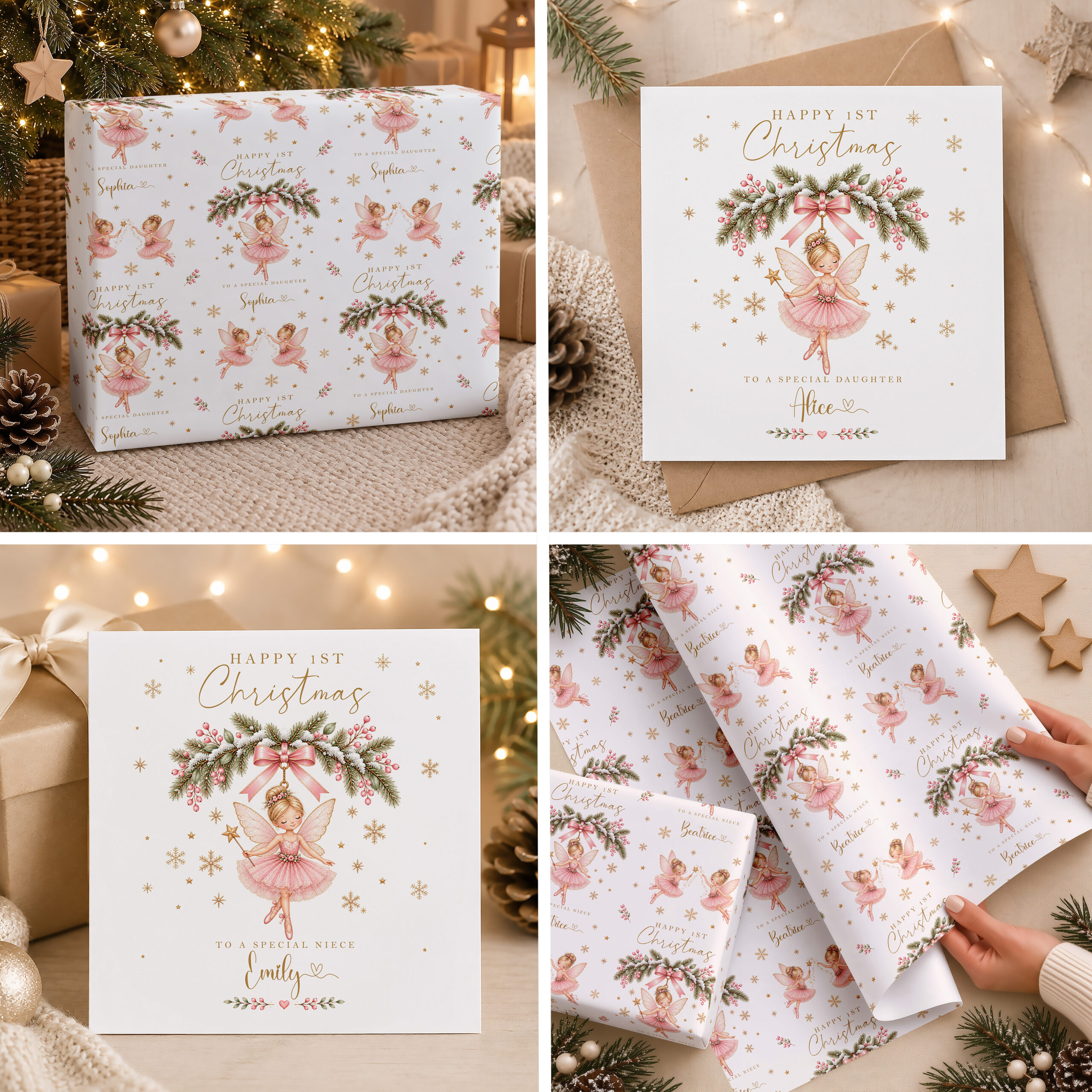 Personalised granddaughter 1st Christmas wrapping paper and card with pink fairy artwork and custom name