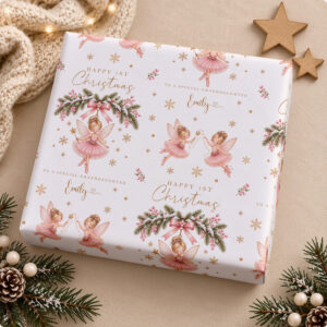 Personalised granddaughter 1st Christmas wrapping paper with pink fairy artwork and custom name