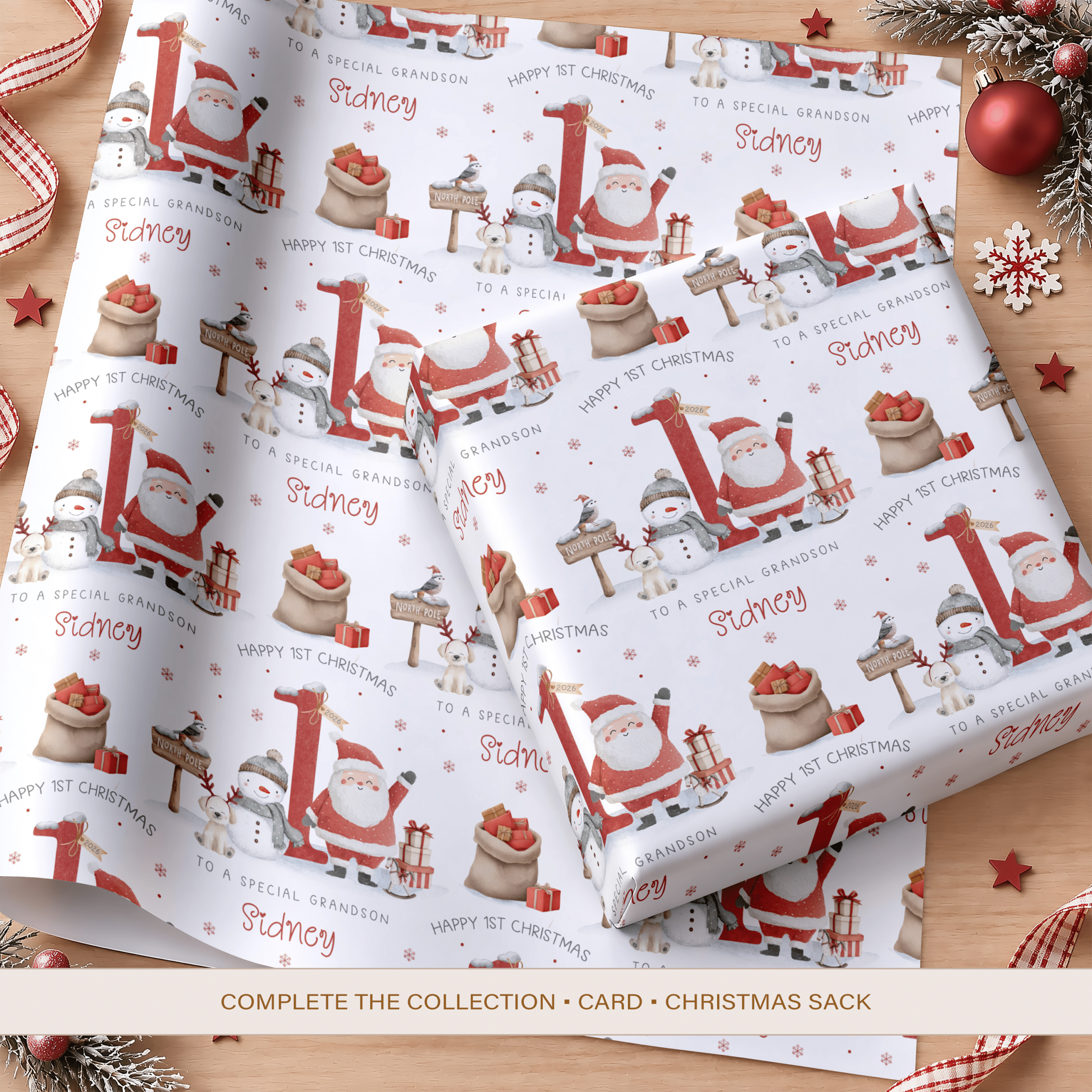 Personalised grandson first Christmas wrapping paper with name, Santa, snowman and reindeer