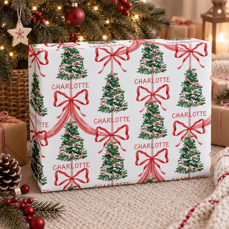 Personalised Red Ribbon Tree Christmas Wrapping Paper