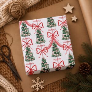 Red bow Christmas wrapping paper personalised with name and festive green trees
