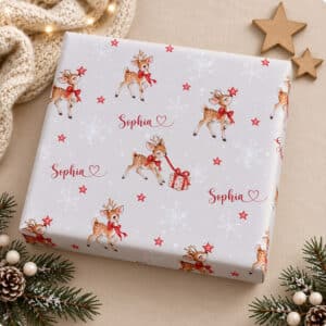Cute personalised Christmas wrapping paper for kids with reindeer
