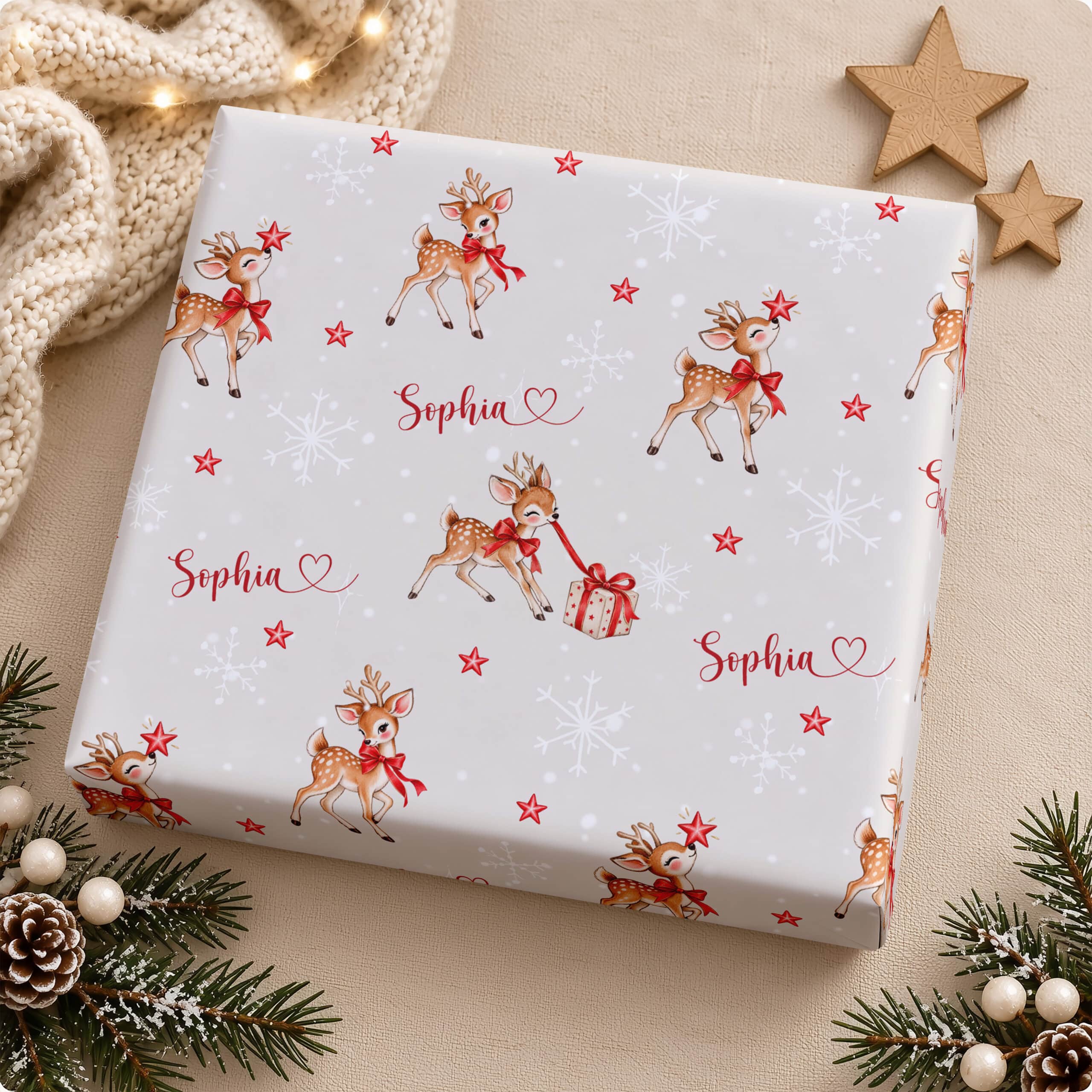 Cute personalised Christmas wrapping paper for kids with reindeer