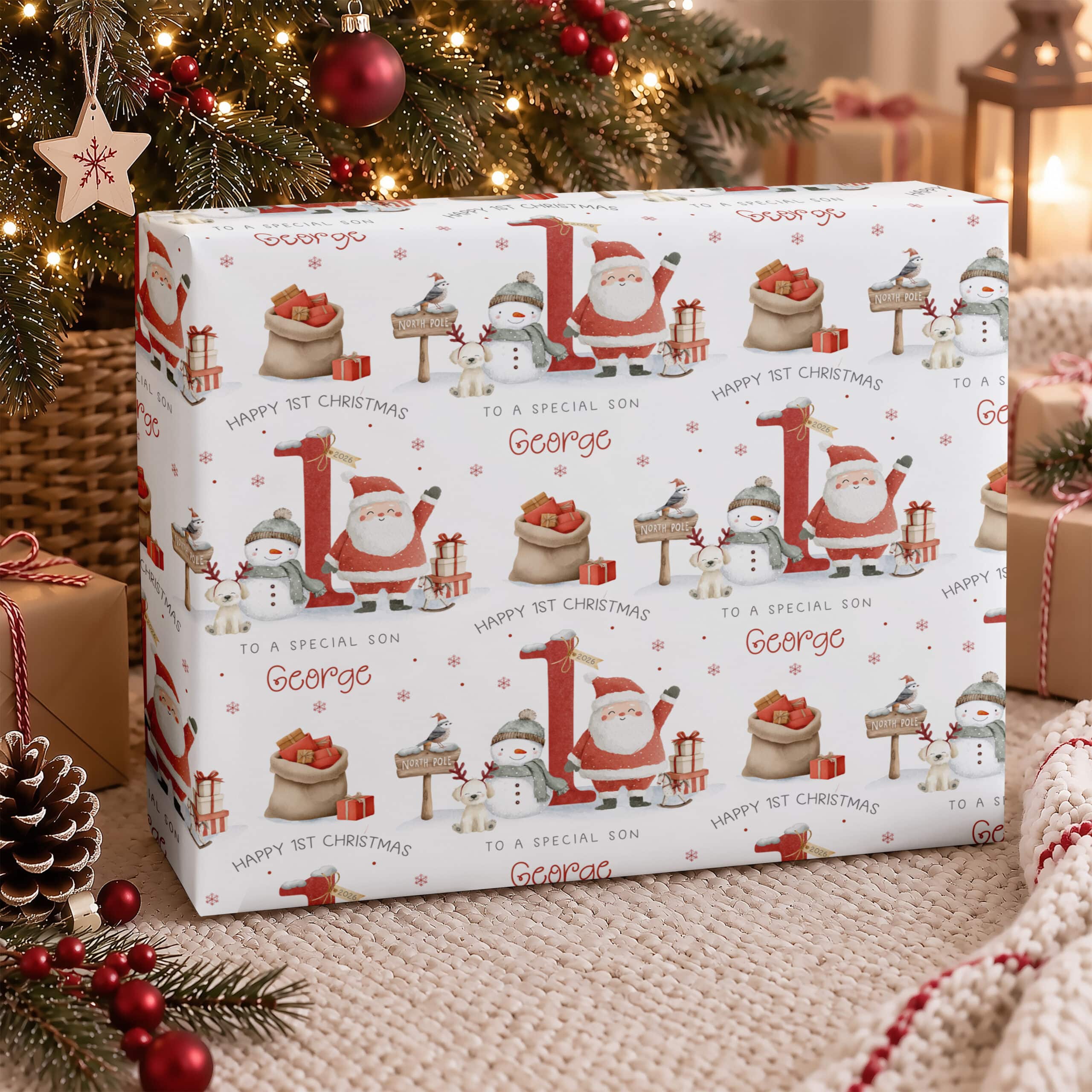 son’s first Christmas personalised gift wrap with name, Santa and festive characters