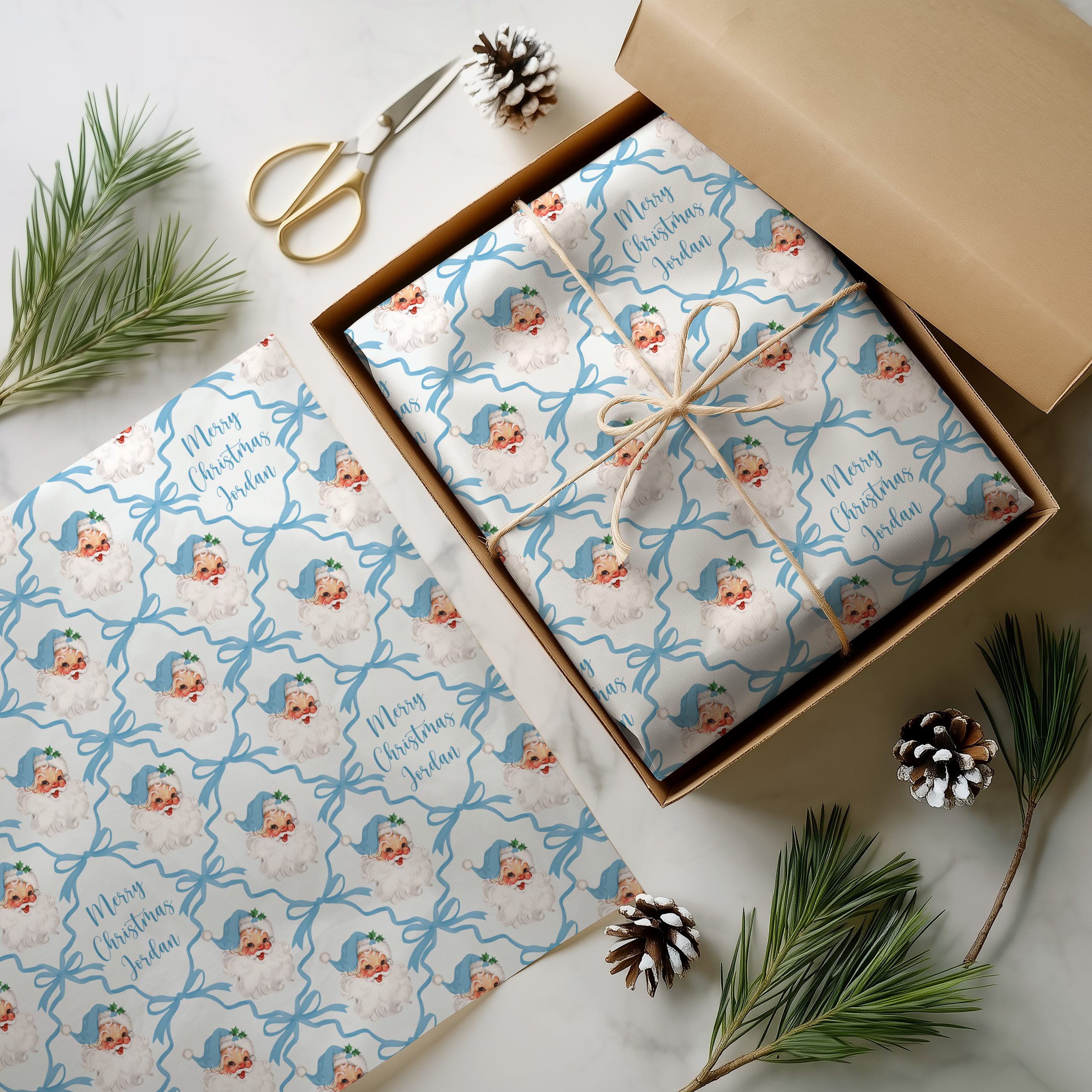 Personalised Blue Santa Christmas Gift Wrapping Paper