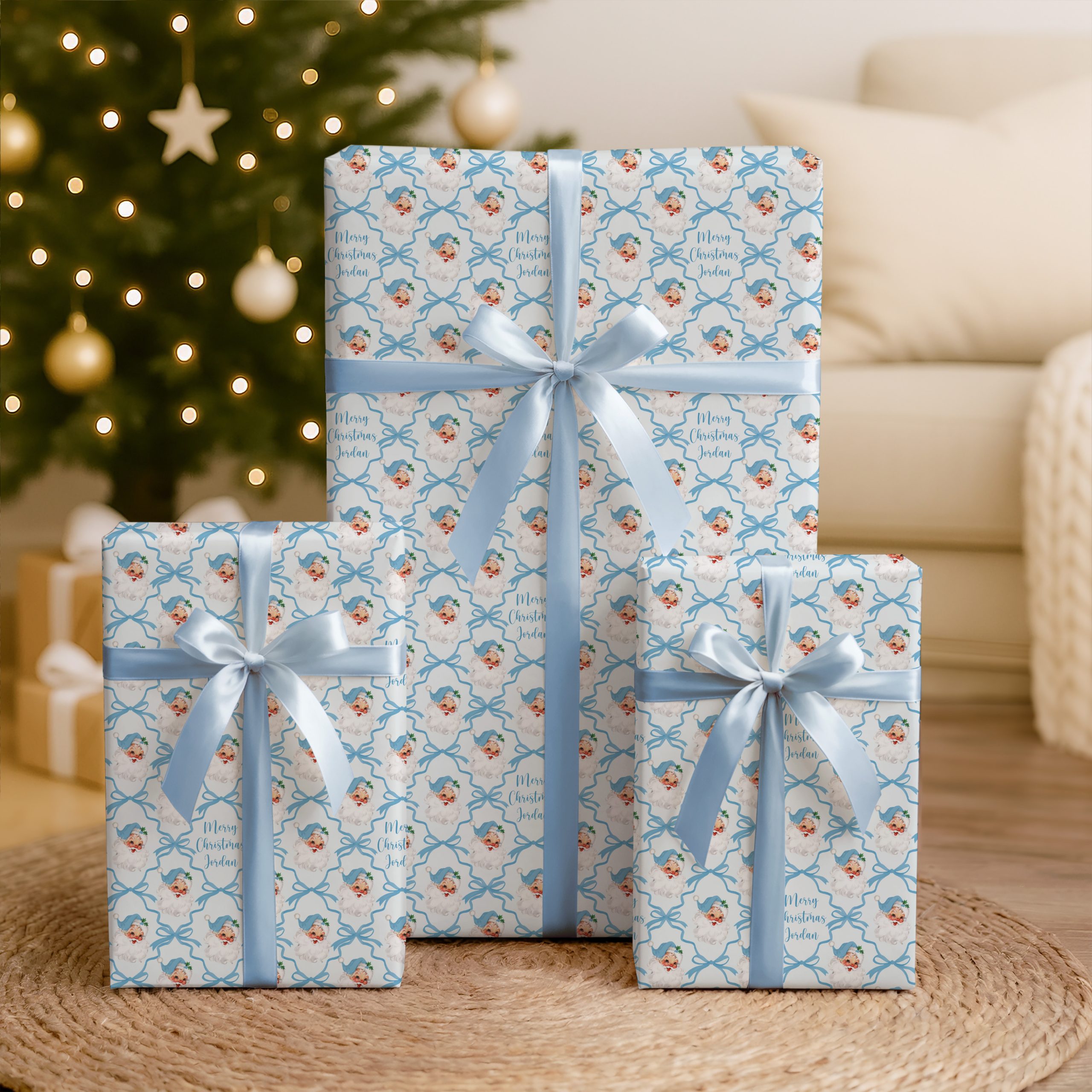 Personalised Blue Santa Christmas Gift Wrapping Paper