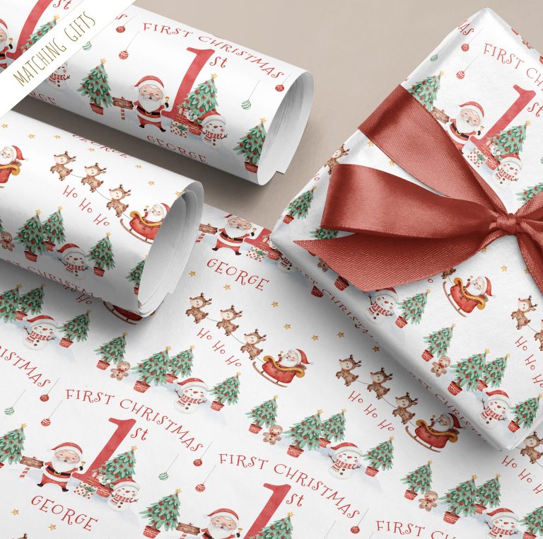 Personalised Baby’s 1st Christmas Wrapping Paper ‘Santa Claus & Reindeers’
