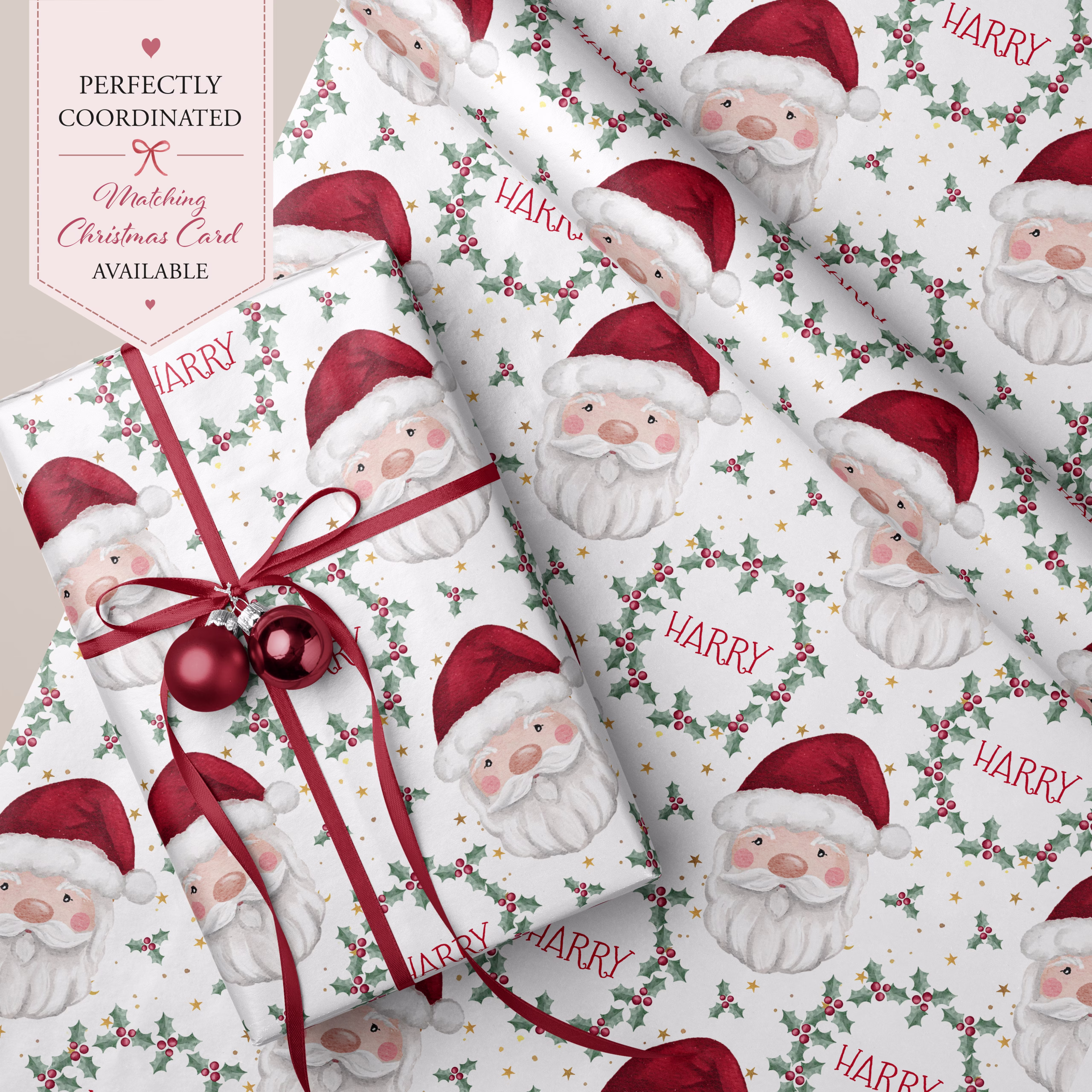 Cute personalised Santa Christmas card for a kids featuring Santa and woodland animals with custom name.