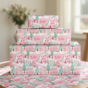 Personalised Preppy Pink Candy House Christmas Gift Wrapping Paper