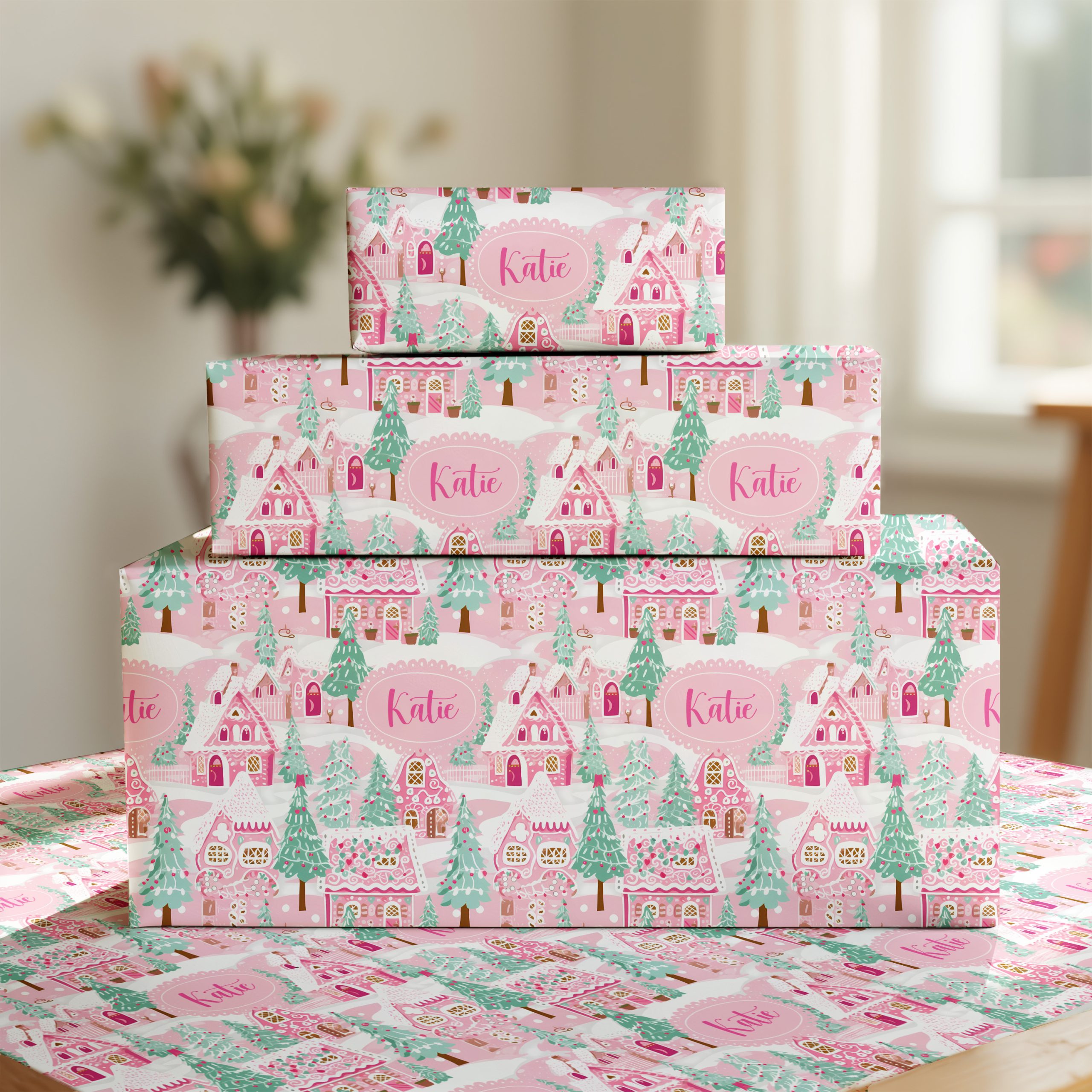 Personalised Preppy Pink Candy House Christmas Gift Wrapping Paper