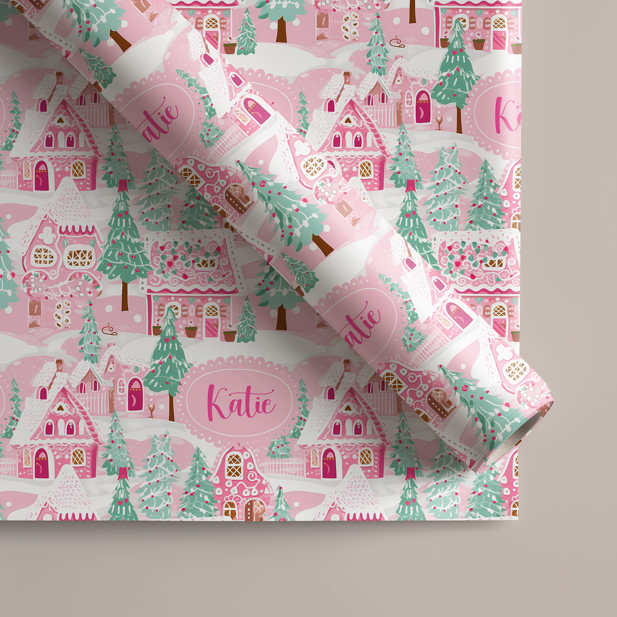 Personalised Preppy Pink Candy House Christmas Gift Wrapping Paper