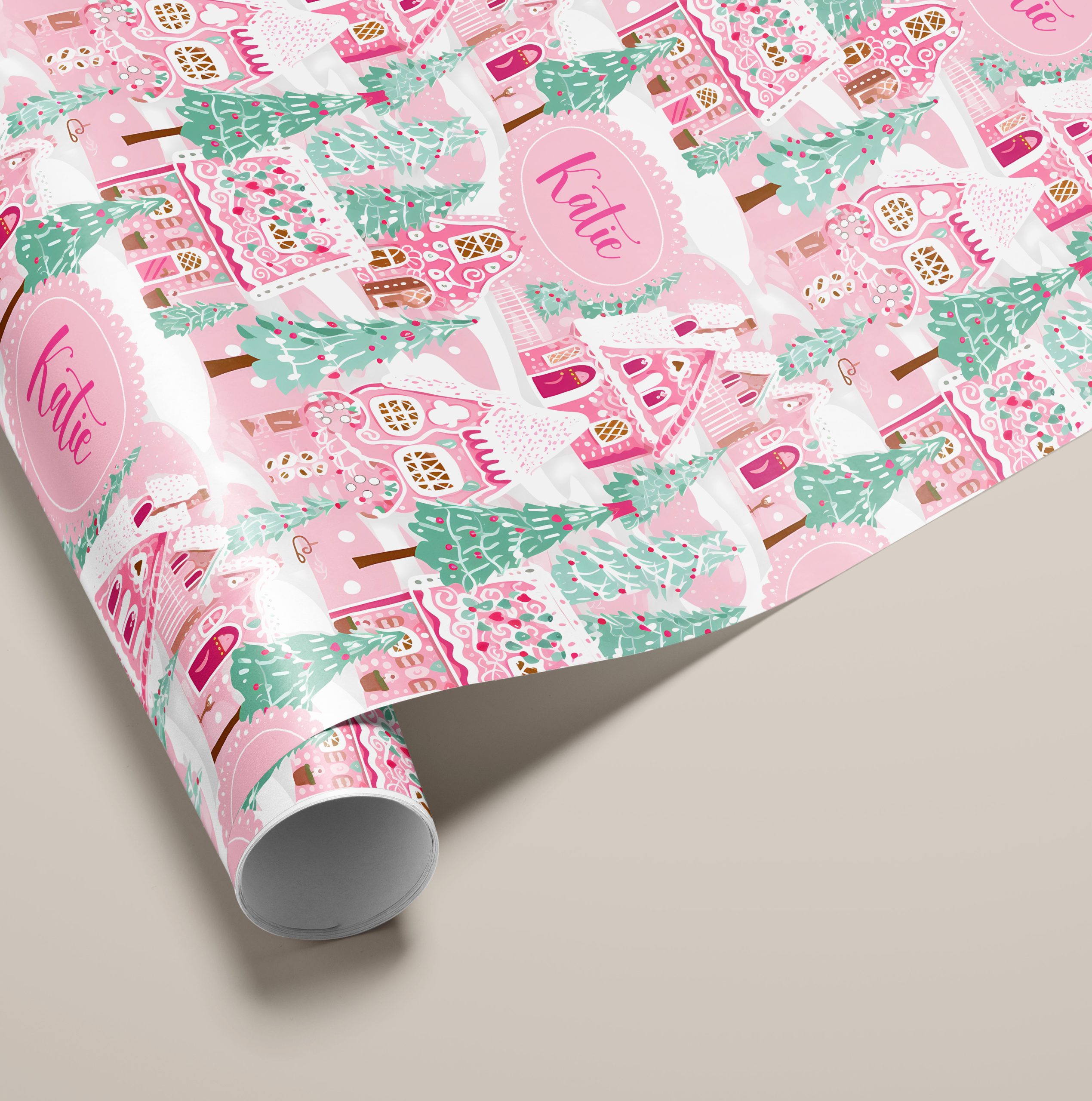 Personalised Preppy Pink Candy House Christmas Gift Wrapping Paper