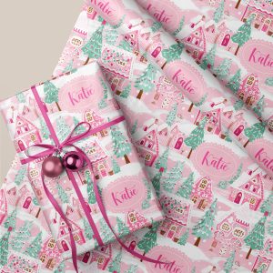 Personalised Preppy Pink Candy House Christmas Gift Wrapping Paper