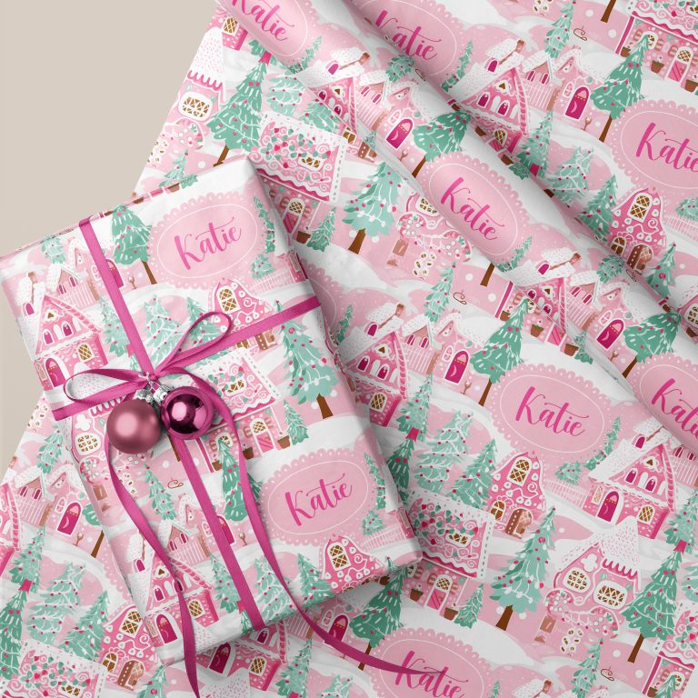 Personalised Christmas Wrapping Paper ‘Pink Candy House’