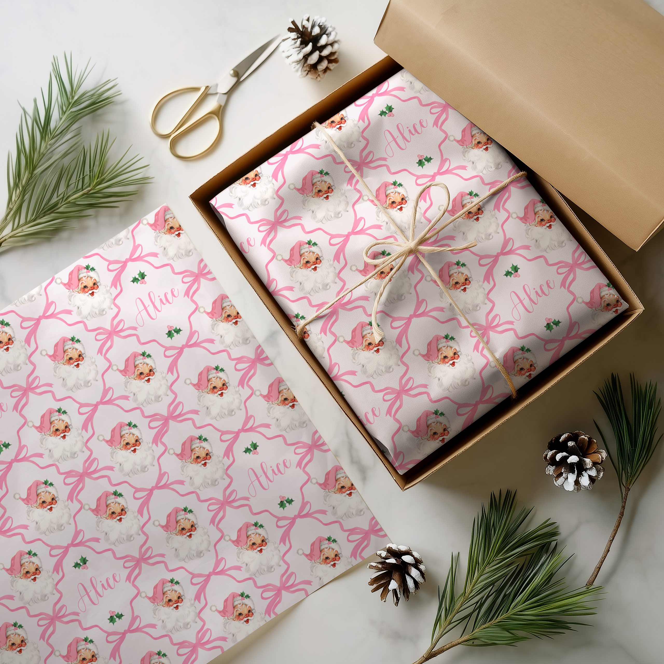 Personalised Pink Santa Christmas Wrapping Paper