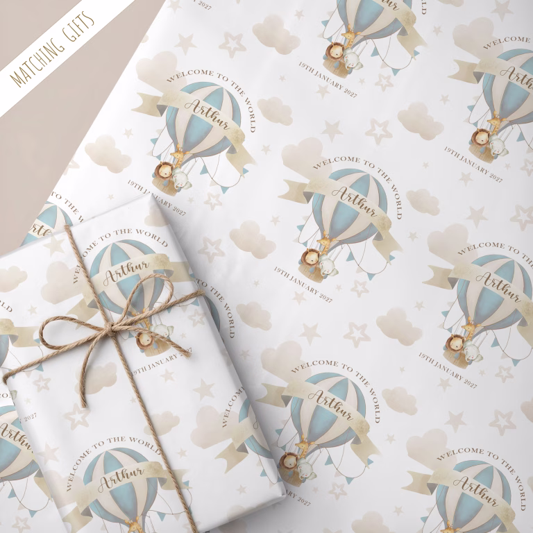 Personalised New Baby Gift Wrapping Paper ‘Blue Hot Air Balloon’