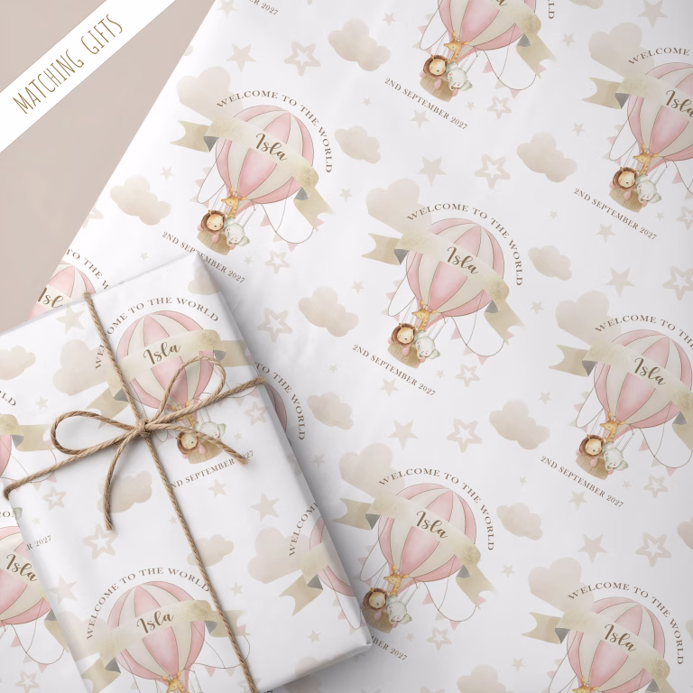 Personalised New Baby Gift Wrapping Paper ‘Pink Hot Air Balloon’