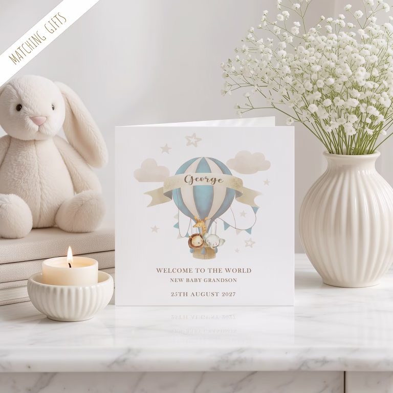Handmade New Baby Card ‘Blue Hot Air Balloon’