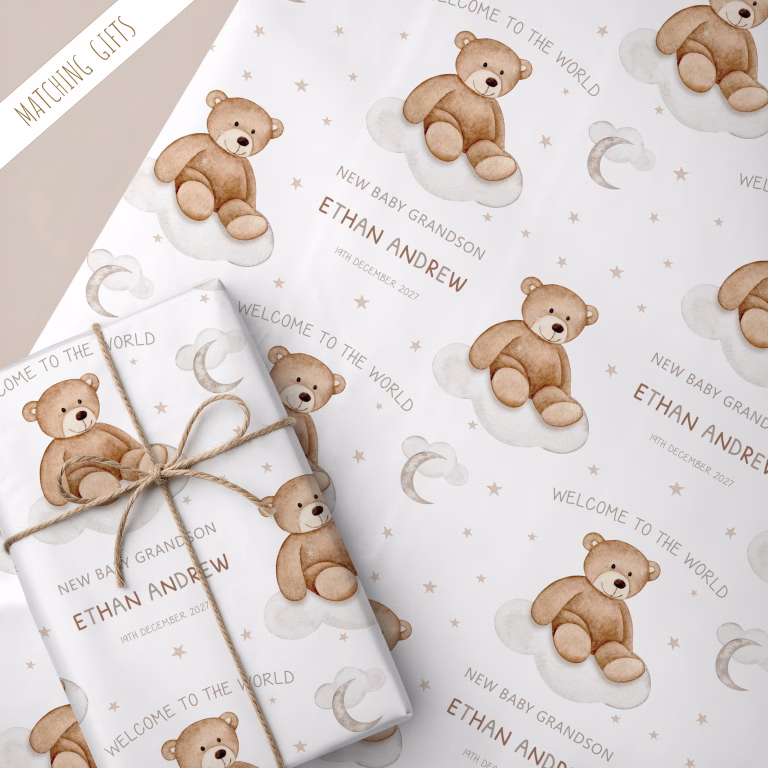 Personalised New Baby Gift Wrapping Paper ‘Bear on Cloud’