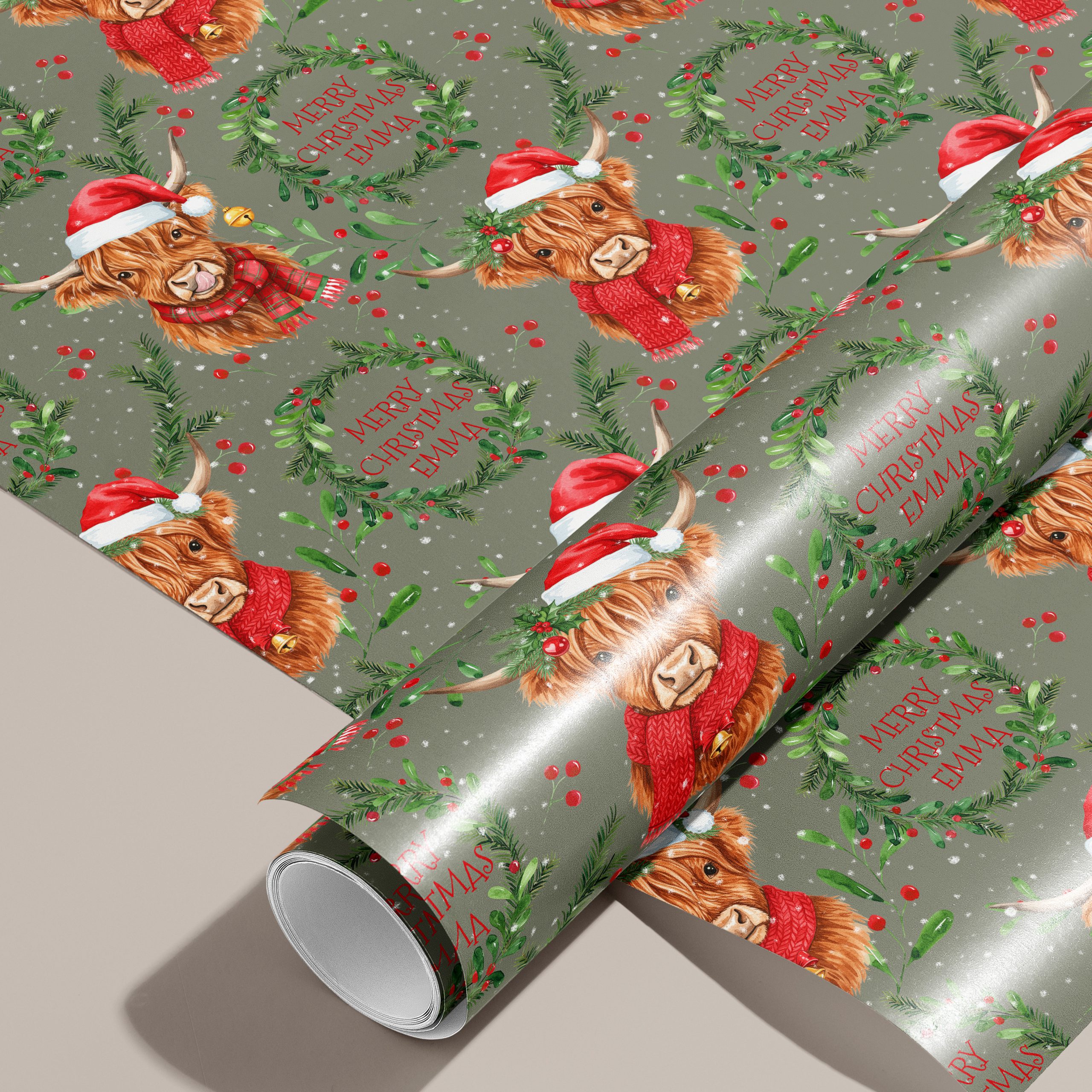 Personalised Highland Cow Christmas Wrapping Paper