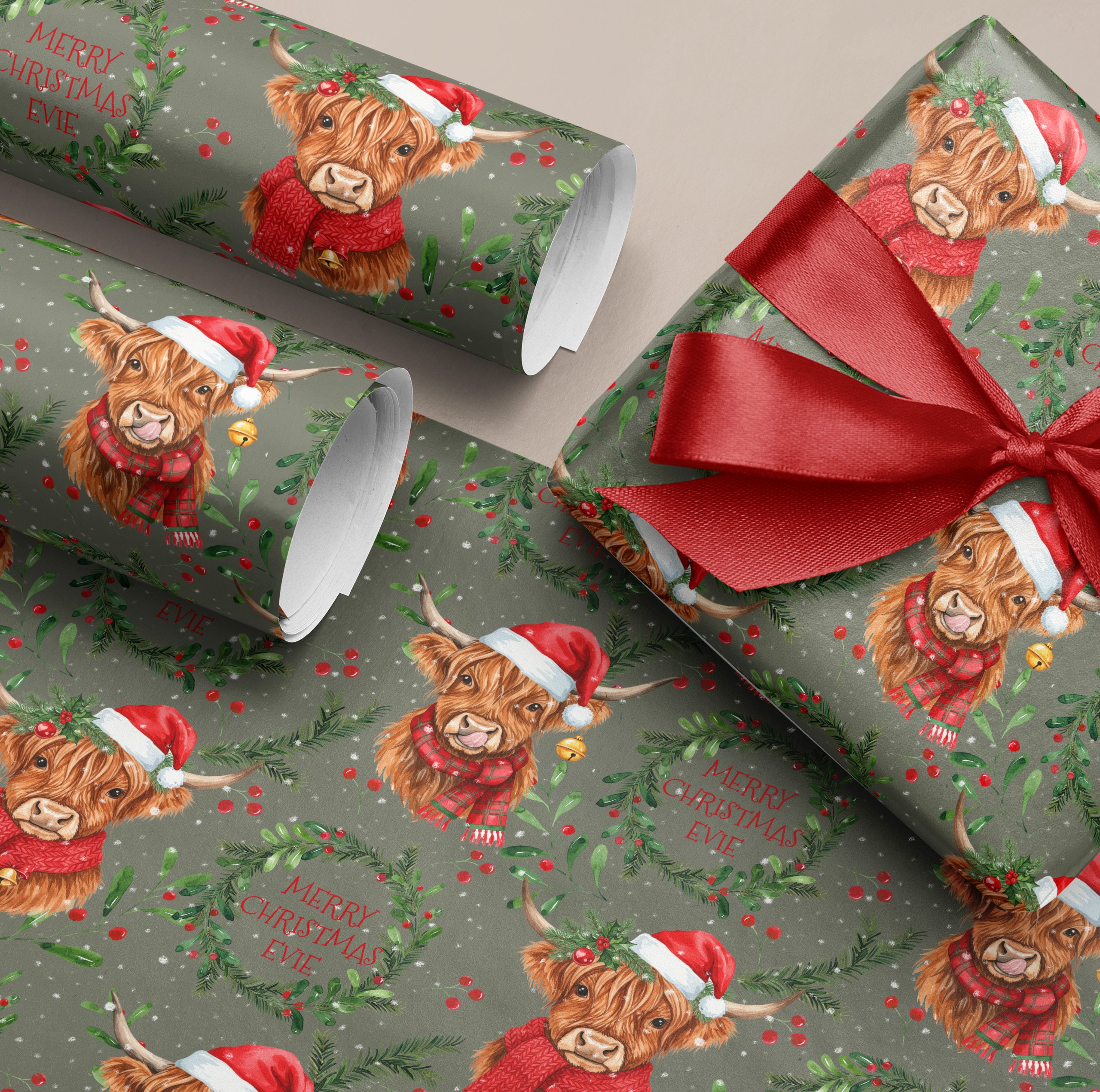 Personalised Highland Cow Christmas Wrapping Paper
