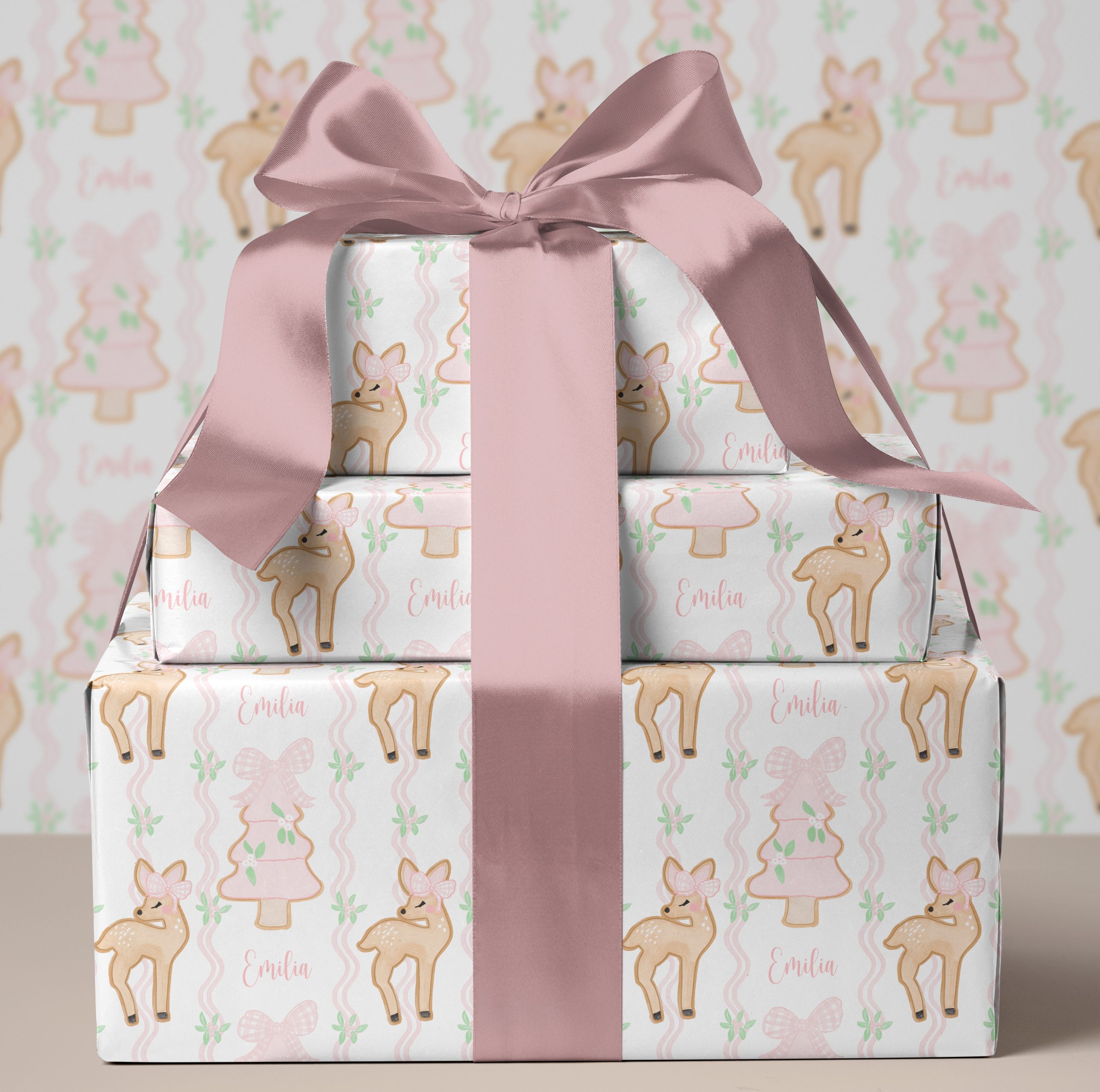 Personalised Pink Reindeer Christmas Wrapping Paper