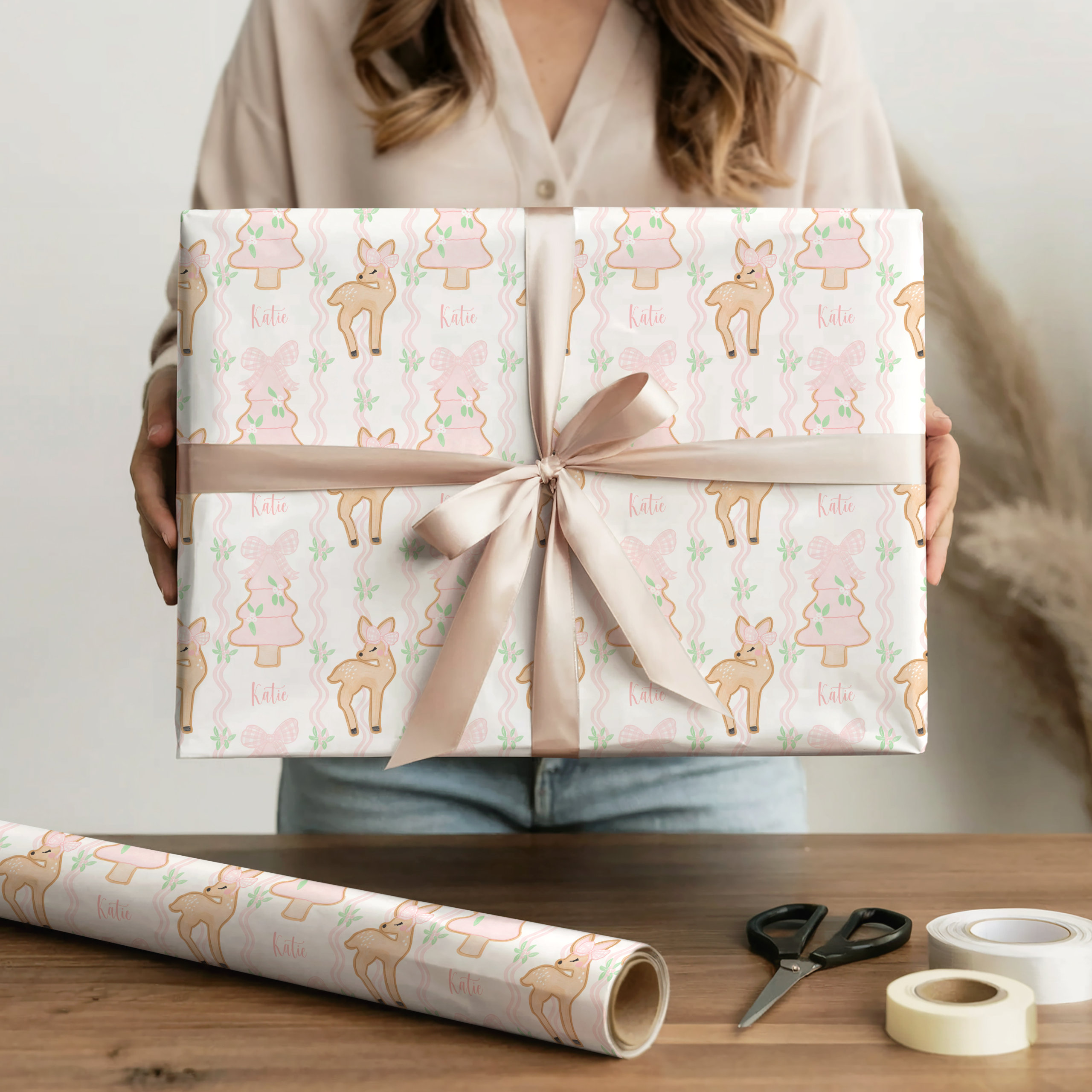 Personalised Pink Reindeer Christmas Wrapping Paper
