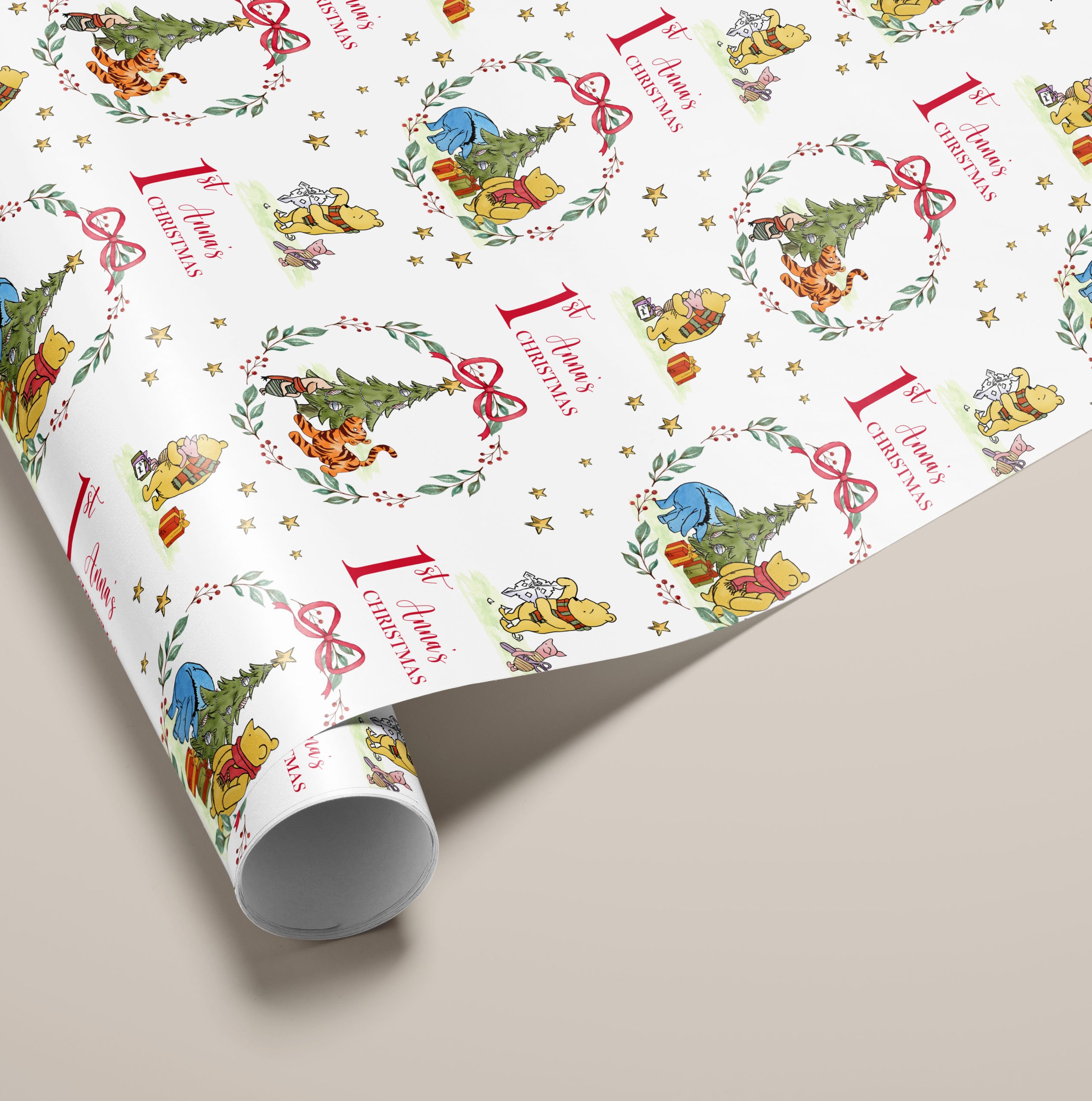 Personalised Winnie The Pooh 1st Christmas Wrapping Paper