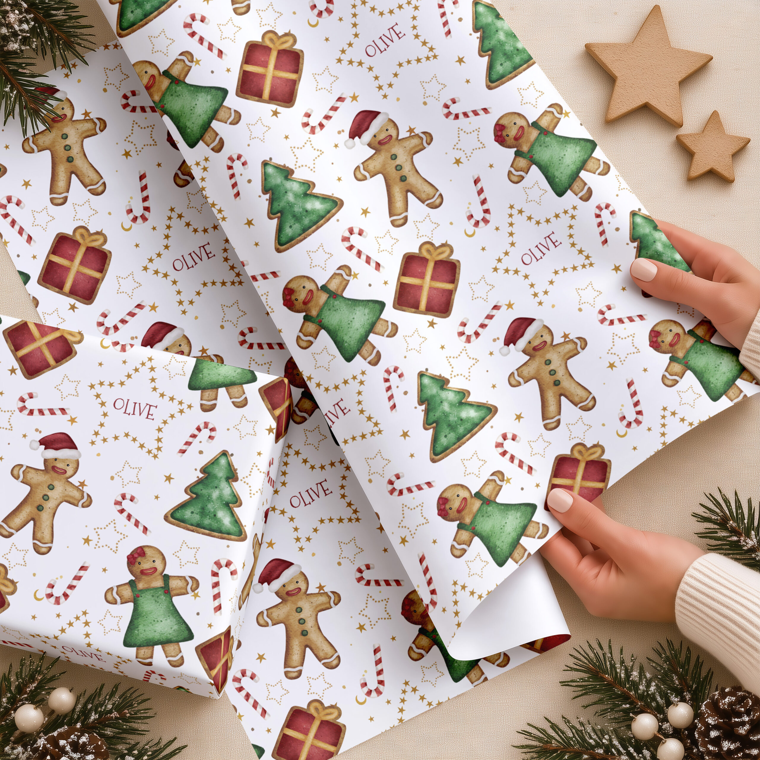 Gingerbread personalised Christmas wrapping paper and gift
